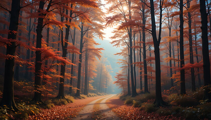 Golden sunbeams illuminate a colorful forest path on a foggy autumn morning