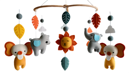 Felt animals mobile with leaves and sun isolated on a transparent background
