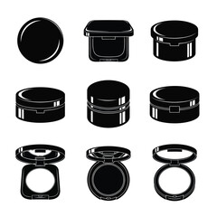 Beauty and makeup concept with a set of black cosmetic container icons on a white background.