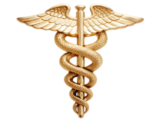Golden Caduceus Medical Symbol with Wings and Single Snake healthcare medicine isolated on a transparent background