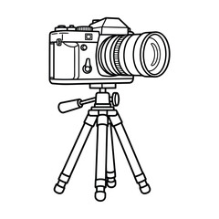Monochrome line art illustration of a retro photo camera mounted on a tripod stand