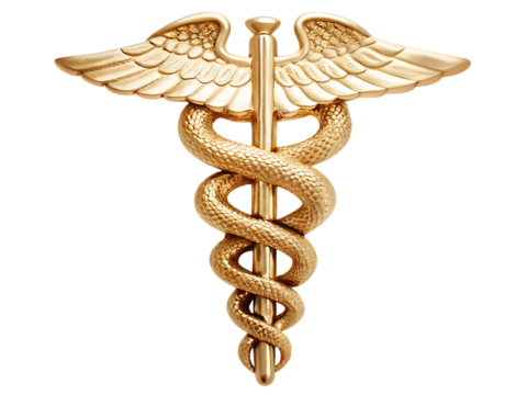 Golden Caduceus Medical Symbol with Wings and Single Snake healthcare medicine isolated on a transparent background - Powered by Adobe