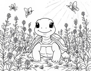 Cute baby tortoise smiles happily among wildflowers with butterflies fluttering in the sun.