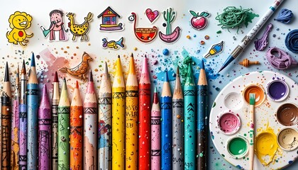 Colorful illustration of art supplies including brushes, pencils, paints, scissors, and palettes, arranged neatly on a white background for creative inspiration