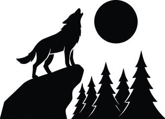 Minimal vector silhouette scene, wolf on ridge with full moon and pine forest below, solid black shapes