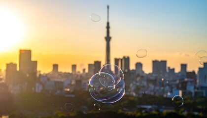 City skyline at sunset with soap bubbles