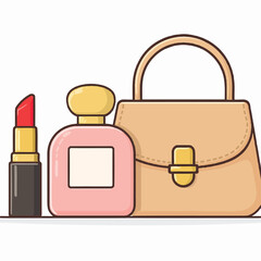 Women's beauty and fashion accessories set with lipstick, perfume, and handbag