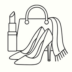 Fashion Accessories Handbag, Shoes, Lipstick, and Scarf Line Art