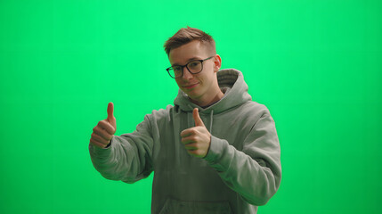 A confident young man in a grey hoodie and glasses gives a double thumbs-up gesture of approval while standing in front of a green screen.