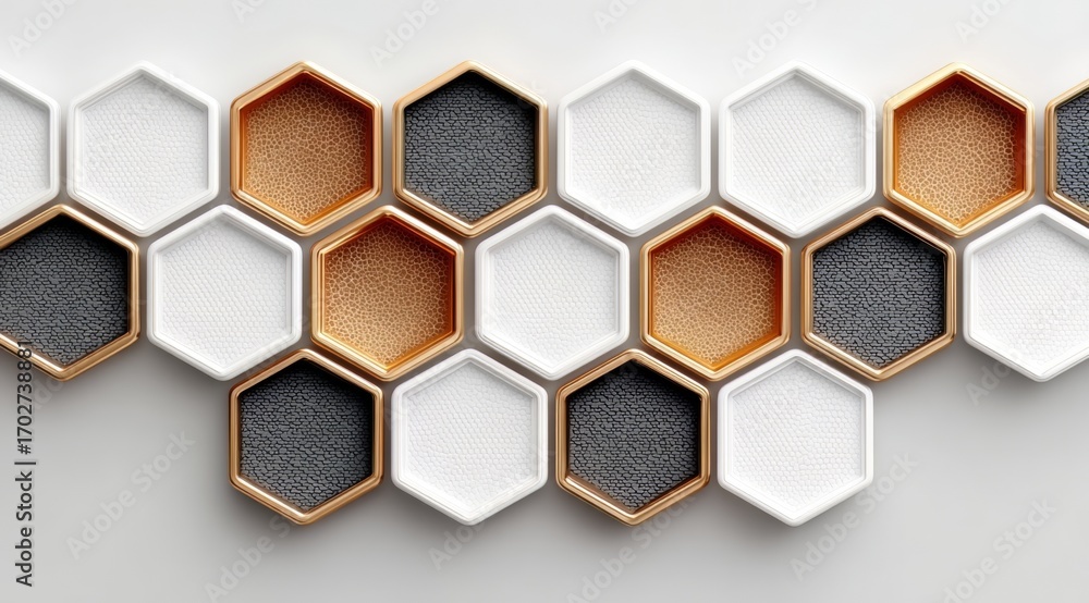 Poster wall of hexagonal tiles with gold and white accents. the tiles are arranged in a pattern that create