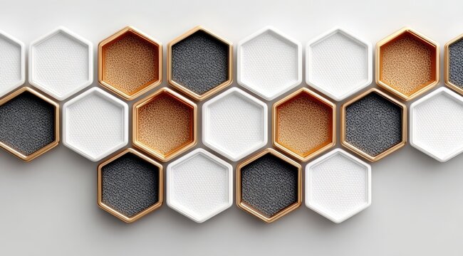 Wall of hexagonal tiles with gold and white accents. The tiles are arranged in a pattern that creates a sense of depth