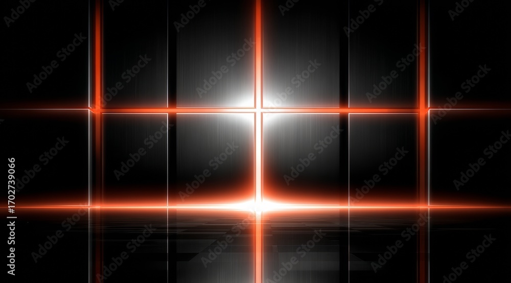 Poster black and orange background with a white cross in the middle. the cross is surrounded by red lines