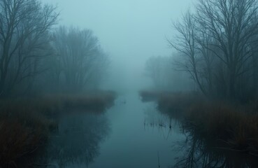 Misty swamp landscape shrouded in dense fog. Eerie dark river among dead trees branches, calm forest, creating gloomy moody atmosphere. Ideal for Halloween, mystery, fantasy or thriller themes.