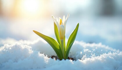 First fragile snowdrop blooms push through snow in sunlight. White flower early spring awakening. New life emerges garden after long winter. Fresh blossom growth earth springtime hope.