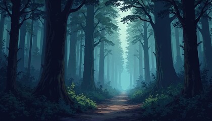 Obraz premium Retro pixel art of dark misty forest creating mysterious atmosphere. Black shadows, blue mist, light path perspective, dense trees. Illustration for fantasy games, backgrounds, wallpapers, calm