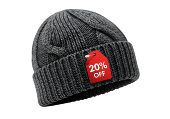 Gray knit beanie with 20 off tag isolated on transparent background for winter sale