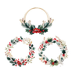 Three Christmas wreaths,  featuring greenery, berries, and a light gold frame