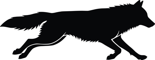 Minimal vector silhouette, running wolf mid-stride tail streaming, side profile, solid black © Saruf