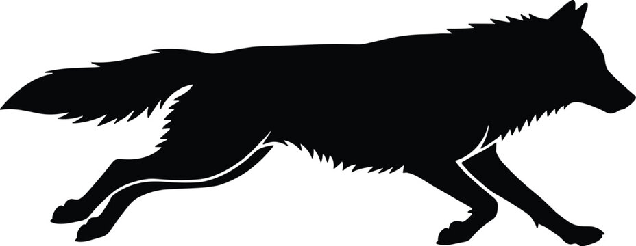 Minimal vector silhouette, running wolf mid-stride tail streaming, side profile, solid black