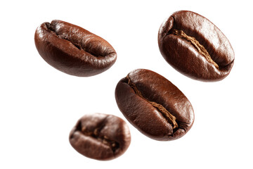 Close-up of four coffee beans, dark brown, slightly oval shape, with visible texture, suspended in air against a black background