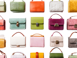 Grid of colorful leather handbags