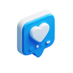 3D rendered blue square icon; a heart inside a speech bubble