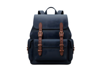 A stylish blue backpack with brown straps isolated on transparent background