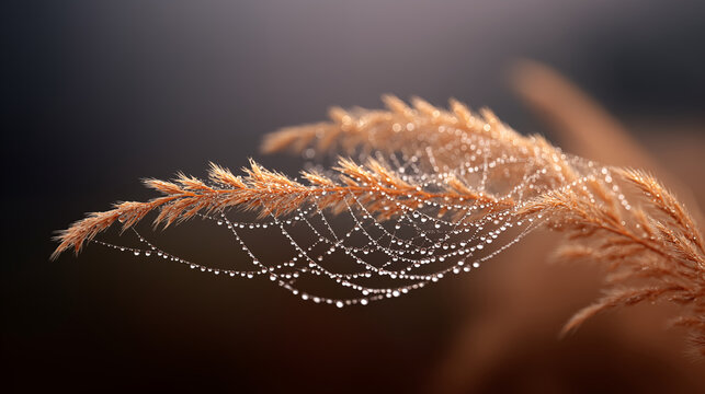 Feather with water droplets creating spider web pattern in morning dew, nature macro photography and water condensation