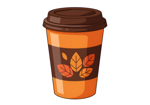 A cartoon illustration of a fallthemed coffee cup isolated on transparent background - Powered by Adobe