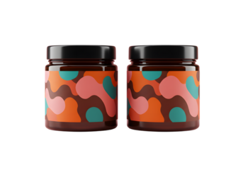 Two jars of chocolate spread with colorful labels isolated on transparent background