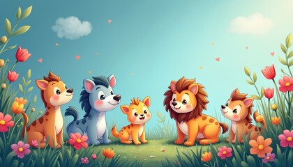 Delightful cartoon illustration featuring adorable baby animals among flowers. Charming design with joyful childish animals on light blue background. Sweet hyenas, wolf, lion cubs on grass with