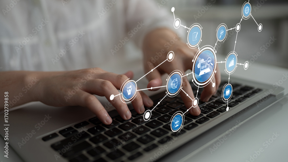Poster a person typing on a laptop with digital network icons overlay, representing themes of connectivity 