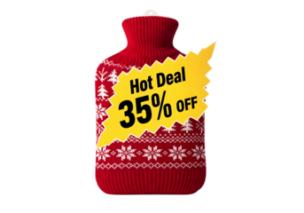Red knitted hot water bottle with snowflake pattern isolated on transparent background