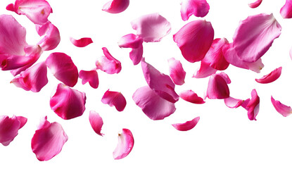 Pink rose petals, scattered in flight, against a black background