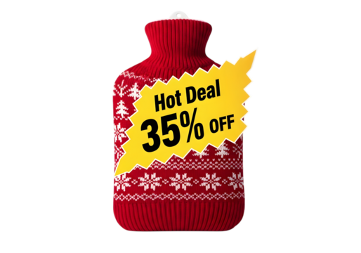 Red knitted hot water bottle with snowflake pattern isolated on transparent background
