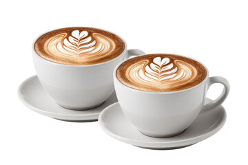 Two lattes in white cups with latte art