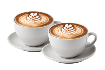 Two lattes in white cups with latte art