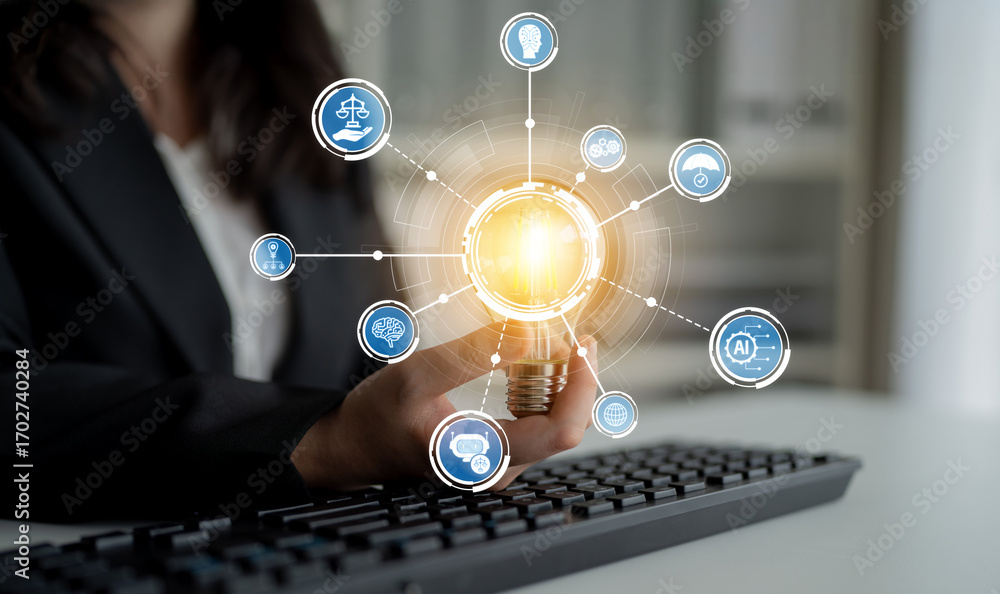Poster a businessman holds a light bulb symbolizing creativity, surrounded by digital icons that represent 