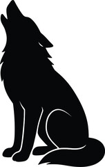 Minimal vector silhouette, seated wolf howling, tail wrapped to paws, side profile, solid black