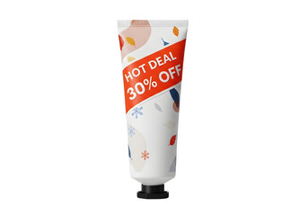 Tube of hand cream with a 30 off hot deal sticker isolated on transparent background