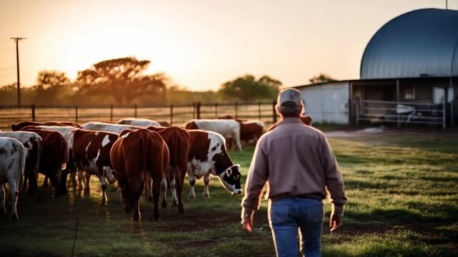 Farmer herding cattle at sunrise near a barn in rural landscape