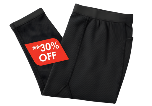 Folded black pants with a 30 off sticker isolated on transparent background