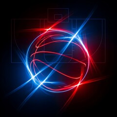 Naklejka premium A vibrant, glowing basketball, outlined by vibrant red and blue light trails, against a backdrop of a dark basketball court.