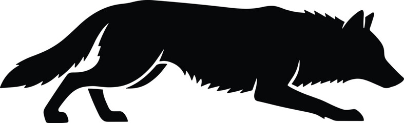 Minimal vector silhouette, stalking wolf crouched low elongated body, side profile, solid black