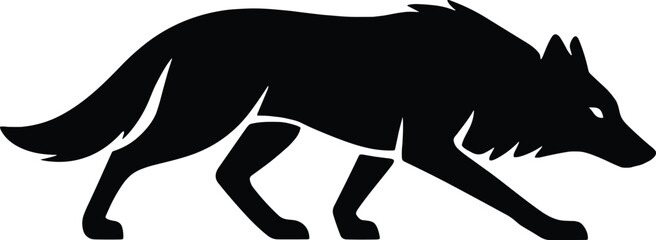 Minimal vector silhouette, stalking wolf crouched low elongated body, side profile, solid black