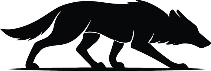 Minimal vector silhouette, stalking wolf crouched low elongated body, side profile, solid black © Saruf