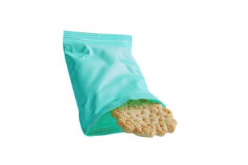 Light teal resealable bag holding a light tan biscuit