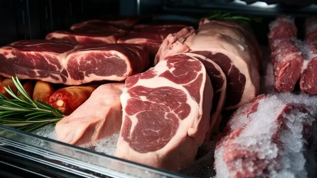 Fresh cuts of meat showcased in a well-stocked refrigerator at a local butcher shop