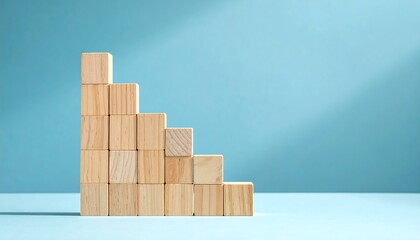 Wooden blocks arranged in a staircase, light blue background