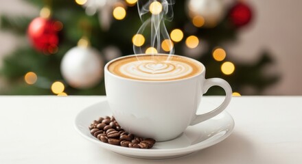 Fototapeta premium Warm Coffee Cup With Latte Art And Coffee Beans Beside Christmas Tree Lights